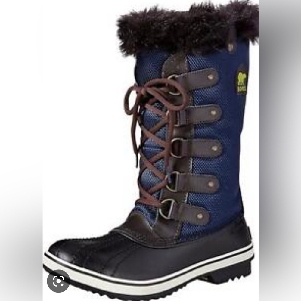 Sorel Tofino Nylon, Navy w Brown Fur, Size 6.5